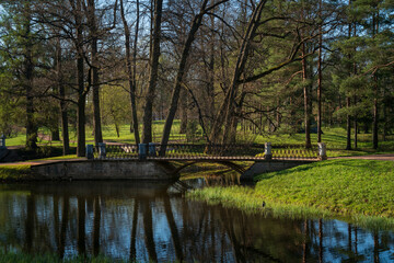 View of the bridge on the Swan Ponds in the Catherine Park of Tsarskoye Selo on a sunny spring day,...