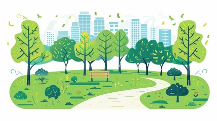 City park tranquil oasis with trees and bench, perfect for relaxing in nature and escaping urban bustle