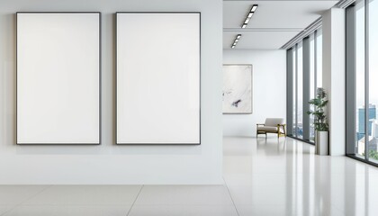 Two blank canvas frames on white wall in modern office lobby.  Great for mockups and presentations.