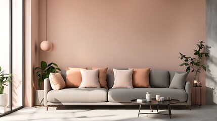  Peach fuzz interior room trend color year 2024. Texture mockup wall for art - microcement pastel apricot beige tan colour plaster. Modern room design living lounge. Accent cozy gray sofa. 3d render 