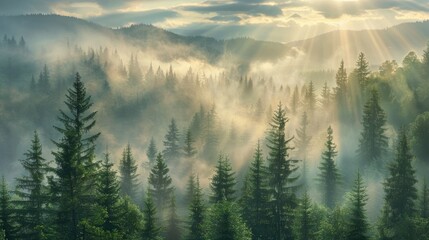 Misty forest with clouds and fog above pine trees and distant horizon featuring rays of light