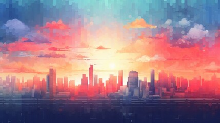 Fototapeta premium Vibrant watercolor cityscape at sunrise with colorful clouds and a glowing sun.
