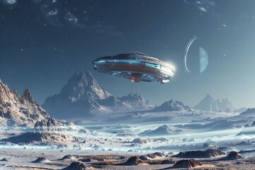 Obraz premium Futuristic Spacecraft Descends Upon Icy Alien Landscape