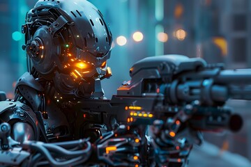 Fototapeta premium Formidable Cybernetic Warrior with Glowing Eyes and Cutting Edge High Tech Weaponry in Futuristic Battle Scenario