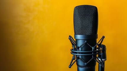 Close-up of a podcast microphone isolated on a vibrant yellow-green background, showcasing every detail in studio lighting