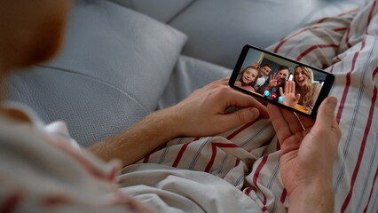Joyful family calling smartphone screen closeup. Relaxed guy hold mobile phone
