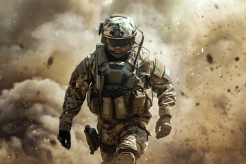 Fototapeta premium Futuristic Soldier in Exosuit Navigating Chaotic Sci Fi Battlefield