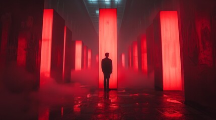 A man stands between towering red block shapes, surrounded by eerie lights in a dark tunnel, with thick fog swirling in the background, creating a mystic atmosphere