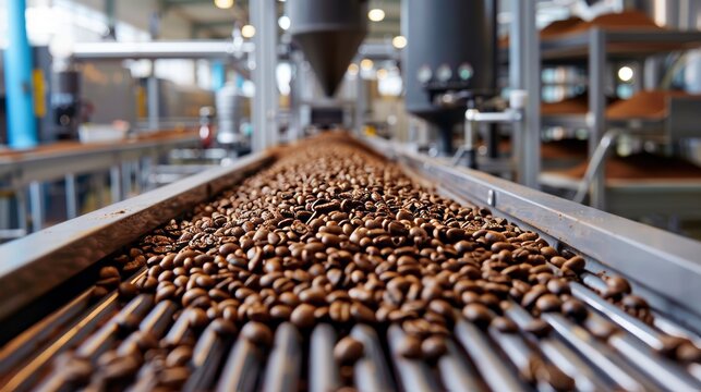 High-definition close-up of coffee beans moving along a conveyor belt towards packaging machines, modern factory environment, attention to detail
