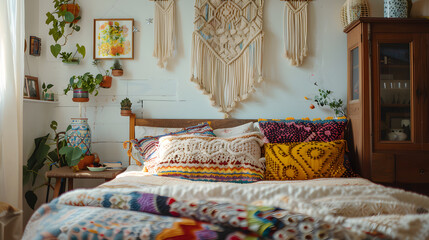 A colorful bed with a variety of pillows and a large wall hanging