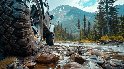 All terrain tire on a rugged mountain trail, showcasing its durability and grip, surrounded by rocky landscape and dense forest