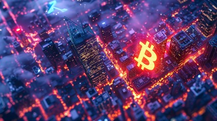 Fototapeta premium streets as lightning and the blocks as as bitcoin blockchain and show the bitcoin symbol on all roof tops, eagle eye view