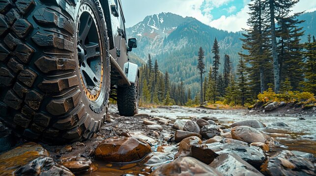 All terrain tire on a rugged mountain trail, showcasing its durability and grip, surrounded by rocky landscape and dense forest