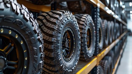 Clean and robust mud terrain tires, meticulously stored on sleek shelving, highlighting their detailed tread patterns and readiness for use