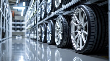 Clean and useful alloy wheels storage shelving showcasing pristine white alloy wheels in a minimalist design garage, ready for immediate use