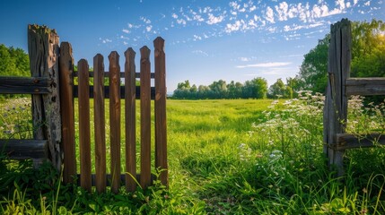 Fototapeta premium Garden gate slightly open, showcasing a lush, vibrant field, under a clear blue sky, with sunlight illuminating the scene