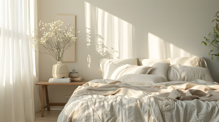 A bed with white sheets and pillows, and a vase of flowers on a wooden table