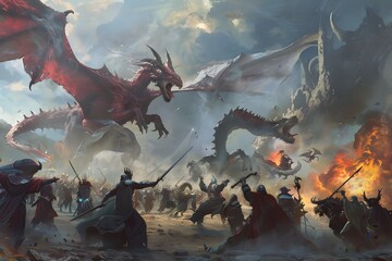 Colossal Clash of Fantastical Forces in Sweeping Magical Battle Landscape