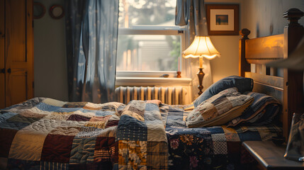 A bed with a quilt on it and a lamp on the nightstand