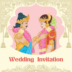 Indian Tamil wedding invitation bride and groom wearing Flower Garland happily