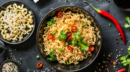 A delicious variety of stir-fried vegetables, pasta with vegetables, and shrimp stir-fry on a plate for a healthy and gourmet meal