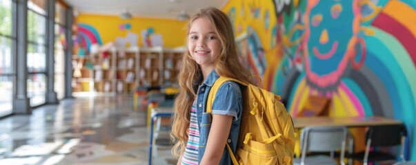 Obraz premium A girl wearing a yellow backpack stands in front of a colorful wall. She is smiling and she is happy