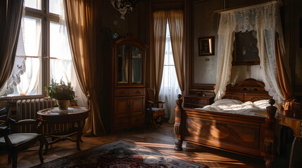 A bedroom with a bed, chair, and a potted plant