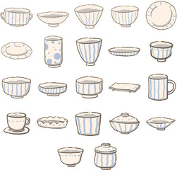 Bowl, dish ,plate and cup hand drawing illustration for decoration on tableware concept.