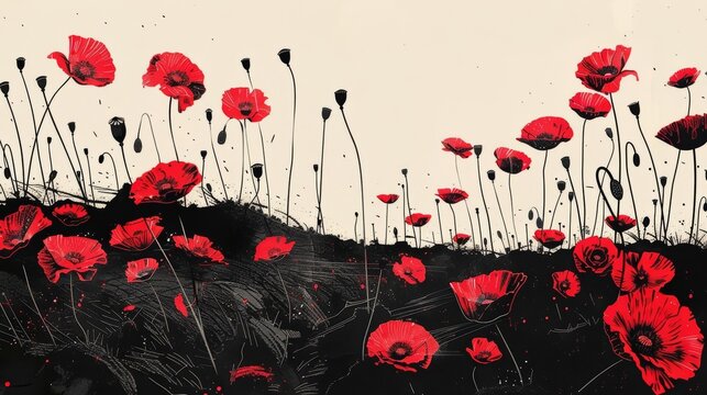 vintage graphic black white partisan poster of a field of red poppies growing from the ground