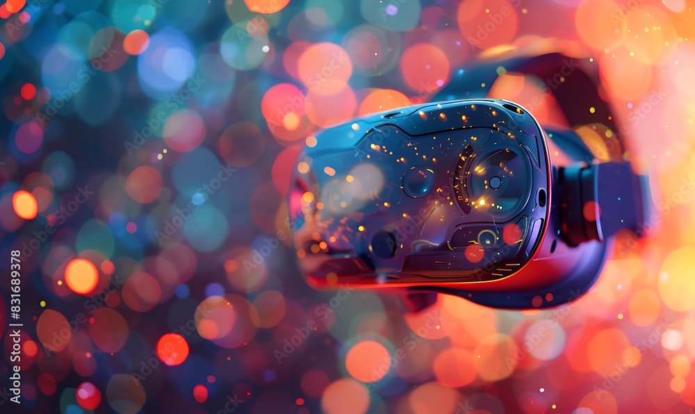 Aufkleber Advanced virtual reality headset for machine learning simulations, set against a colorful, blurred background with bokeh effects, highlighting detailed digital elements