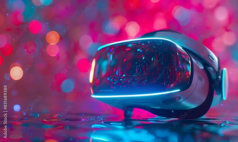 Aufkleber Advanced virtual reality headset for machine learning simulations, set against a colorful, blurred background with bokeh effects, highlighting detailed digital elements