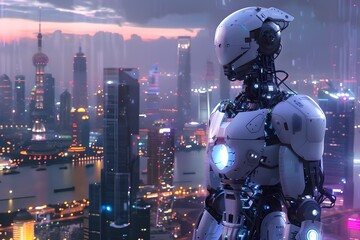 Naklejka premium Robotic Guardian Surveilling Futuristic Cityscape at Nightfall