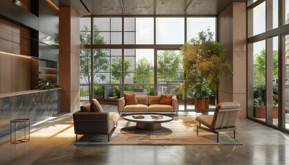 elegant modern office interior with warm neutral tones and expansive windows 3d rendering