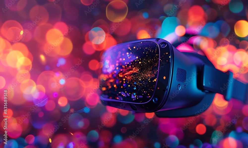 Poster Advanced virtual reality headset for machine learning simulations, set against a colorful, blurred background with bokeh effects, highlighting detailed digital elements