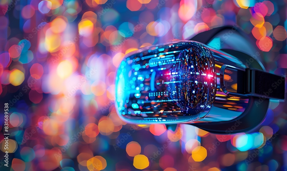 Poster Advanced virtual reality headset for machine learning simulations, set against a colorful, blurred background with bokeh effects, highlighting detailed digital elements