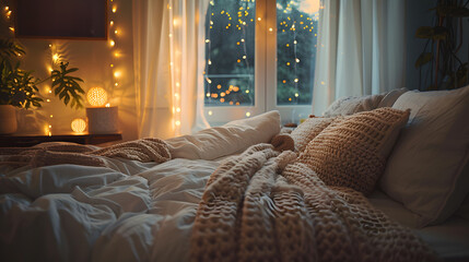 A bed with a white comforter and a white blanket, cozy lights