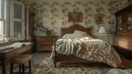 A bedroom with a blue wall and a bed with a colorful blanket