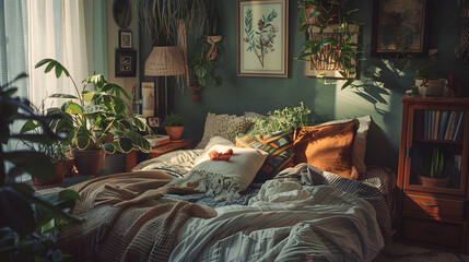 A colorful bed with pillows and blankets, and a plant in the corner
