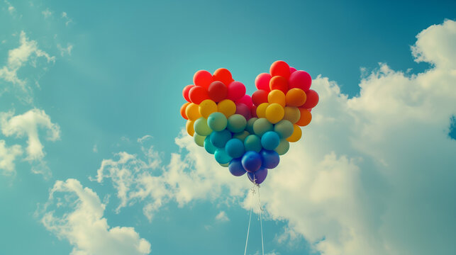 A heart-shaped bouquet of rainbow-colored balloons floating in the sky, love and diversity concept, large space for copy - Powered by Adobe