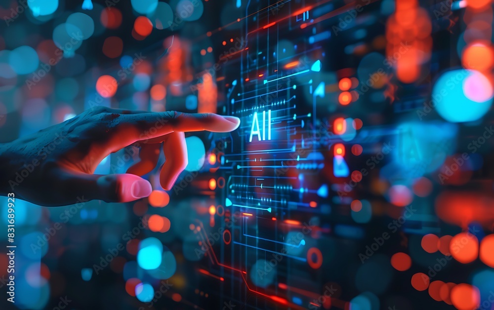 Aufkleber human hand interacting with a futuristic ai interface, glowing with blue and red digital elements