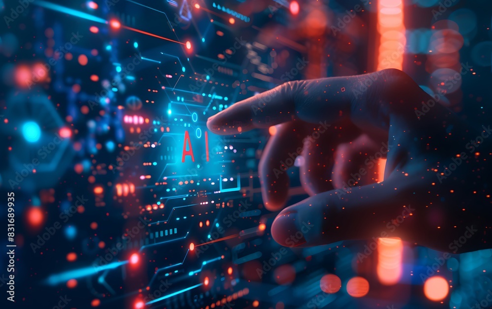 Poster human hand interacting with a futuristic ai interface, glowing with blue and red digital elements