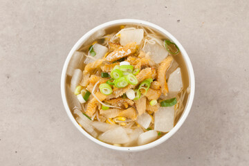  Soup made by tearing dried dried pollack into small pieces, adding green onions, and beating an egg.