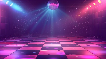 disco dance floor with a checkered pattern and a glittering disco ball hanging overhead