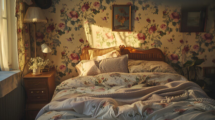 A bedroom with a floral wallpaper and a lamp on a nightstand