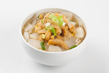  Soup made by tearing dried dried pollack into small pieces, adding green onions, and beating an egg.