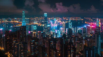 Naklejka premium A busy city street at night with a bus and a car driving down the road