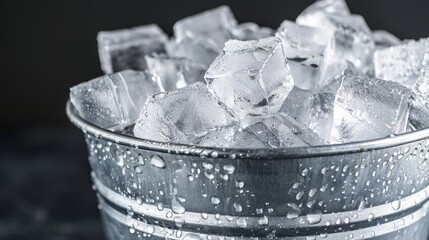 Detailed view of ice cubes in a metal bucket, refreshing and cool, isolated background with studio lighting