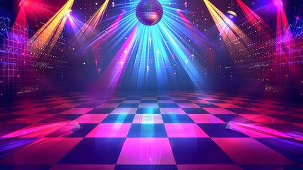 disco dance floor with a checkered pattern and a glittering disco ball hanging overhead