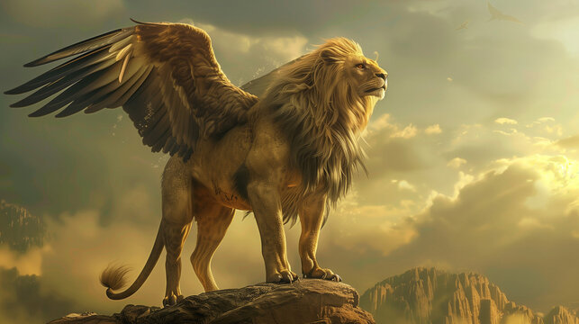 Mythical ancient fantasy lion griffin with eagle wings standing on hill against cloudy sky