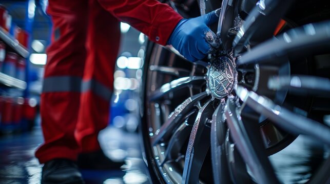 Close-up of a professional artist painting an aluminum alloy wheel with a black aerograph in an industrial garage, intricate details and metallic sheen